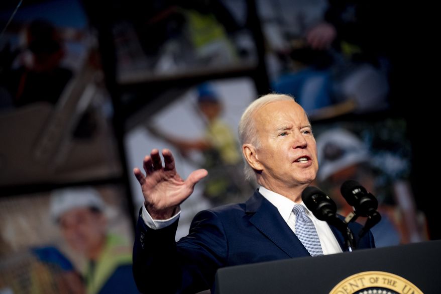 President Joe Biden speaks at the North America's Building Trades Union National Legislative Conference at the Washington Hilton in Washington, Tuesday, April 25, 2023. (AP Photo/Andrew Harnik)