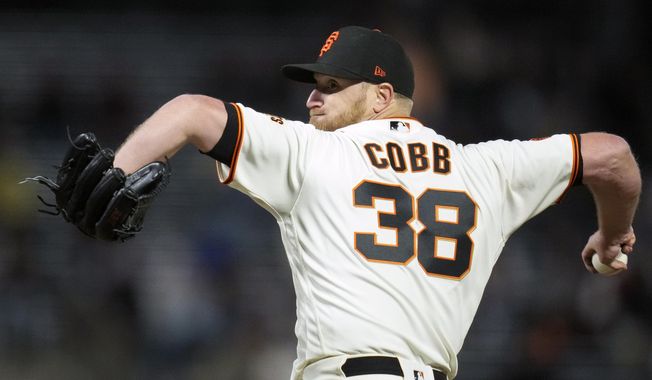 San Francisco Giants pitcher Alex Cobb throws against the St. Louis Cardinals during the ninth inning of a baseball game in San Francisco, Monday, April 24, 2023. (AP Photo/Godofredo A. Vásquez)