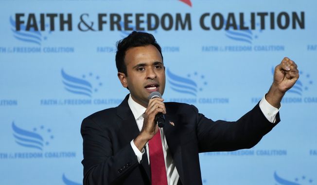 Republican presidential candidate Vivek Ramaswamy speaks during the Iowa Faith and Freedom Coalition Spring Kick-Off, Saturday, April 22, 2023, in Clive, Iowa. (AP Photo/Charlie Neibergall) ** FILE **