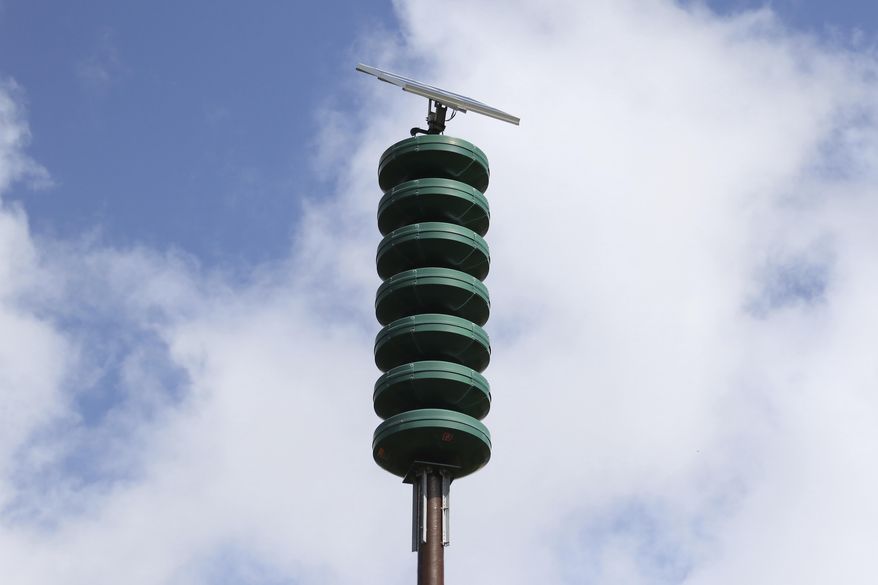 A Hawaii Civil Defense Warning Device, which sounds an alert siren during natural disasters, is seen in Honolulu on Nov. 29, 2017. A Cold War-era law in Hawaii that allows authorities to impose sweeping restrictions on press freedoms and electronic communications during a state of emergency could soon be repealed by lawmakers after concerns about its constitutionality and potential misuse in an era of increasing polarization. (AP Photo/Caleb Jones, File)