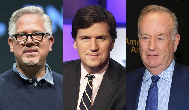This combination of photos shows former Fox News personalities Glenn Beck, left, Tucker Carlson, center, and Bill O&#x27;Reilly. (AP Photo)