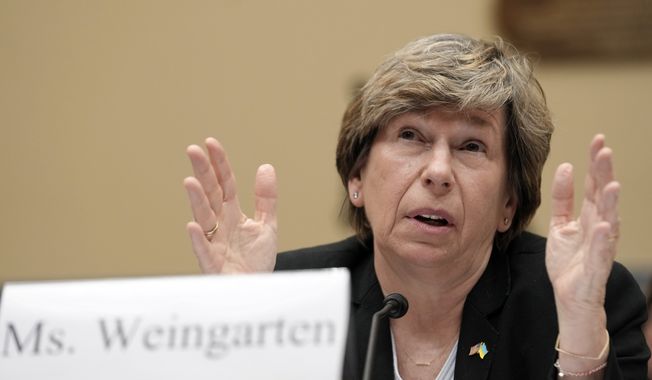 Randi Weingarten, president of the American Federation of Teachers, testifies during a House Oversight and Accountability subcommittee hearing on COVID-19 school closures, Wednesday, April 26, 2023, on Capitol Hill in Washington. (AP Photo/Mariam Zuhaib)