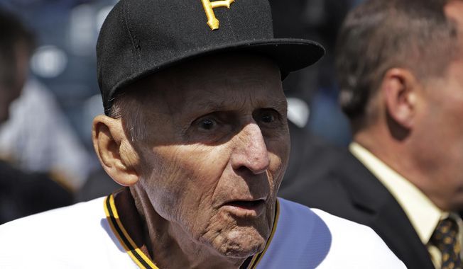 Former Pittsburgh Pirates shortstop Dick Groat is shown during pregame ceremonies honoring his lifetime of service to the Pirates organization, before a baseball game against the St. Louis Cardinals in Pittsburgh, Monday, April 1, 2019. Groat, a two-sport star who went from All-American guard in basketball to a brief stint in the NBA to ultimately an All-Star shortstop and the 1960 National League MVP while playing baseball for his hometown Pittsburgh Pirates, has died. He was 92. Groat&#x27;s family said in a statement that Groat died early Thursday morning, April 27, 2023, at UMPC Presbyterian Hospital due to complications from a stroke. (AP Photo/Gene J. Puskar) **FILE**