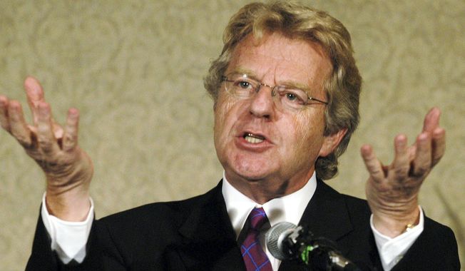 Talk show host Jerry Springer announces that he will not seek the Democratic nomination for the U.S. Senate seat held by Republican George Voinovich, during a news conference Wednesday, Aug. 6, 2003, in Columbus, Ohio. Springer, the former Cincinnati mayor and news anchor whose namesake TV show unleashed strippers, homewreckers and skinheads to brawl and spew obscenities on weekday afternoons, has died. He was 79. A family spokesperson died Thursday at home in suburban Chicago. (AP Photo/Terry Gilliam, File)