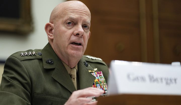 Then-Marine Corps Commandant Gen. David H. Berger testifies during the House Armed Services Committee hearing on the Department of the Navy&#x27;s budget request for fiscal year 2024, on Capitol Hill in Washington, Friday, April 28, 2023. (AP Photo/Carolyn Kaster) **FILE**