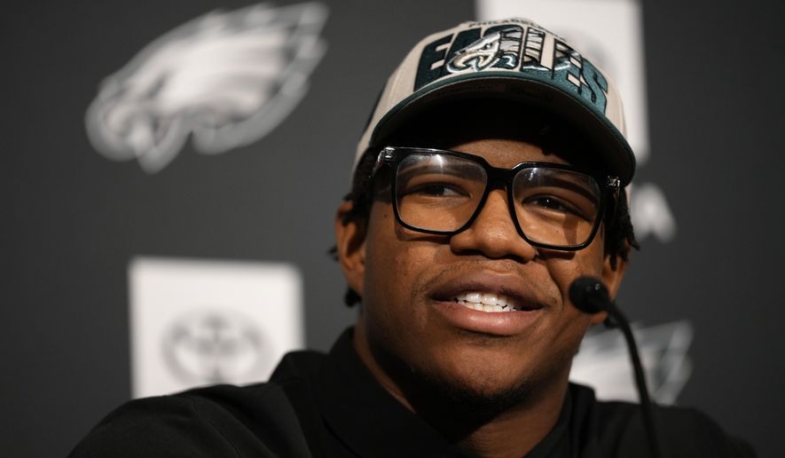 Newly drafted Philadelphia Eagles' Nolan Smith speaks during a news conference at the NFL football team's training facility, Friday, April 28, 2023, in Philadelphia. (AP Photo/Matt Slocum)