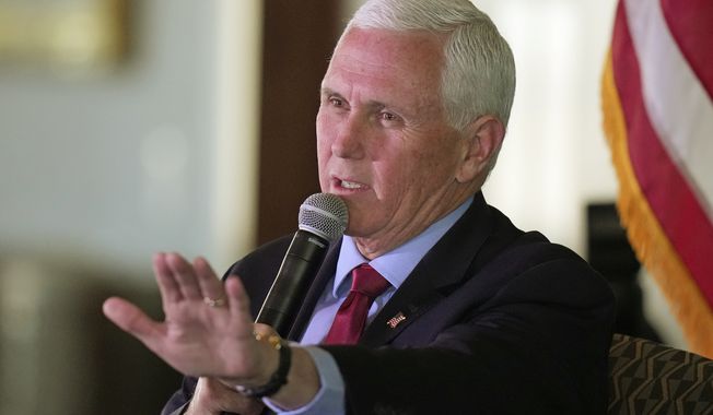 Former Vice President Mike Pence speaks at a luncheon Friday, April 28, 2023, in Salt Lake City. Pence&#x27;s speech came a day after he testified for seven hours in front the grand jury investigating former President Donald Trump&#x27;s efforts to overturn the 2020 election. (AP Photo/Rick Bowmer)