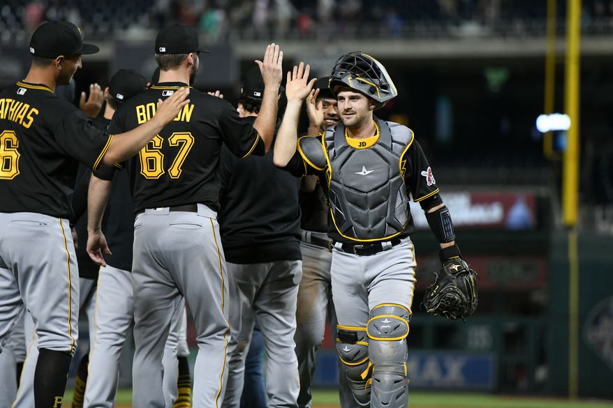 Pittsburgh Pirates players celebrating after beating the Washington Nationals 16-1 at Nationals Park in Washington D.C., April 29, 2023. (Photo by Billy Sabatini/All-Pro Reels)