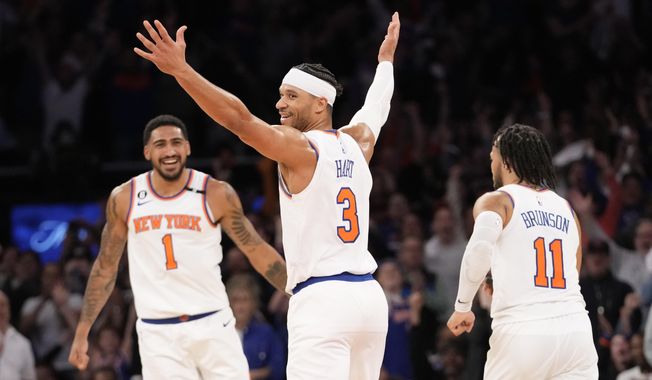 New York Knicks guard Josh Hart (3) reacts after scoring in the second half of Game 4 in an NBA basketball first-round playoff series against the Cleveland Cavaliers, Sunday, April 23, 2023, at Madison Square Garden in New York. The Knicks won 102-93. (AP Photo/Mary Altaffer)