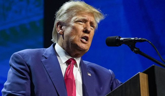 Former President Donald Trump speaks at the National Rifle Association Convention in Indianapolis, on April 14, 2023. The competition between Trump and Florida Gov. Ron DeSantis is intensifying as the former president is scheduling a return trip to Iowa on the same day that the Florida governor was already going to be in the state that will kick off the Republican contest for the White House. (AP Photo/Michael Conroy, File)