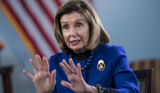 Former House Speaker Nancy Pelosi, D-Calif., talks to The Associated Press about her visit to Ukraine a year ago and her time as the Democratic leader in the House, at the Capitol in Washington, Wednesday, April 19, 2023. (AP Photo/J. Scott Applewhite)