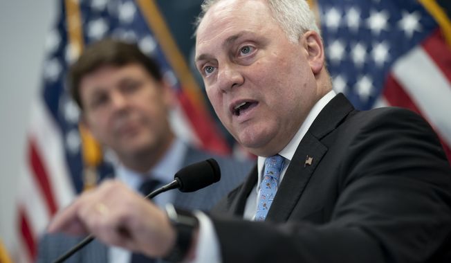 House Majority Leader Steve Scalise, R-La., speaks to reporters at the Capitol in Washington, Wednesday, April 26, 2023. More than a half million of the poorest Americans would be left without health insurance under legislation passed by House Republicans that would require people to work in exchange for health care coverage through Medicaid. The bill is unlikely to become law, though, with Democrats strongly opposing the idea. (AP Photo/J. Scott Applewhite, File)