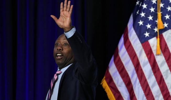 Sen. Tim Scott, R-S.C., leaves the stage after speaking at the Iowa Faith and Freedom Coalition Spring Kick-Off Saturday, April 22, 2023, in Clive, Iowa. (AP Photo/Charlie Neibergall)