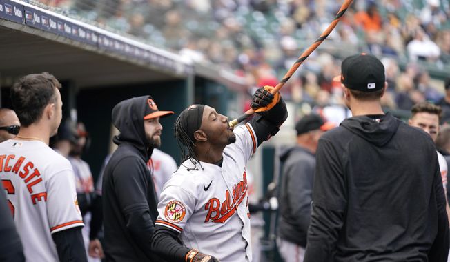 Baltimore Orioles&#x27; Jorge Mateo celebrates his home run against the Detroit Tigers in the eighth inning of a baseball game, Sunday, April 30, 2023, in Detroit. (AP Photo/Paul Sancya)