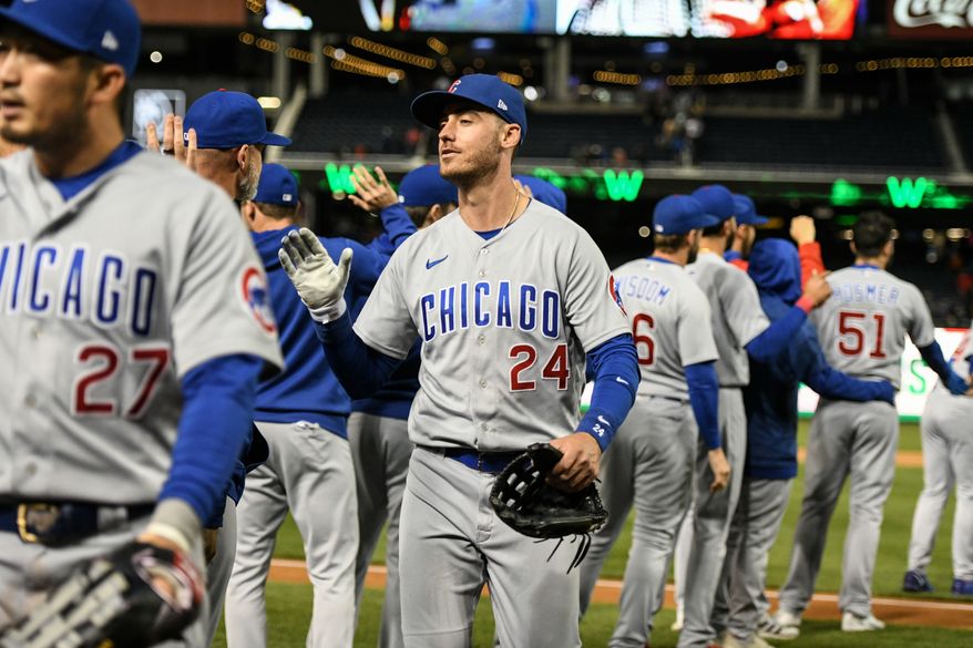 Chicago Cubs centerfielder Cody Bellinger (24) celebrating after the team’s 5-1 victory over the Washington Nationals at Nationals Park in Washington D.C., May 1, 2023. (Photo by Billy Sabatini/All-Pro Reels)