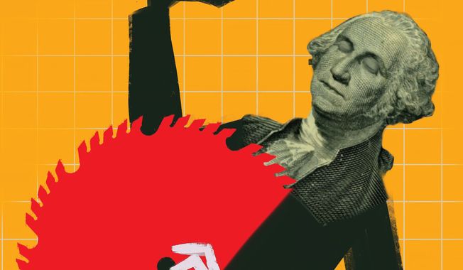 Illustration on inflation and the devalued dollar by Linas Garsys/The Washington Times