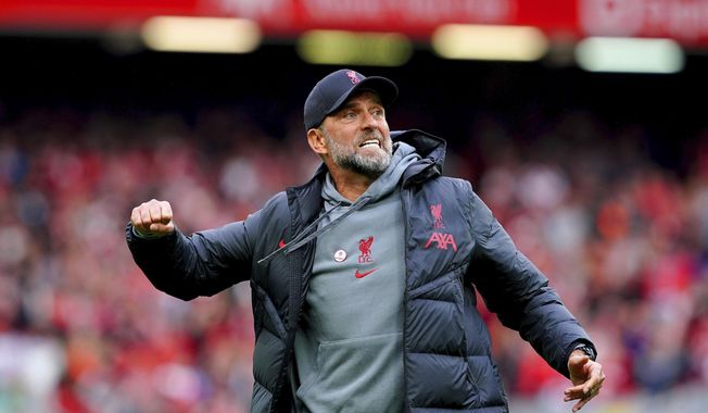 Liverpool&#x27;s manager Jurgen Klopp reacts during an English Premier League soccer match between Liverpool and Tottenham Hotspur at Anfield stadium in Liverpool, Sunday, April 30, 2023. (Peter Byrne/PA via AP)