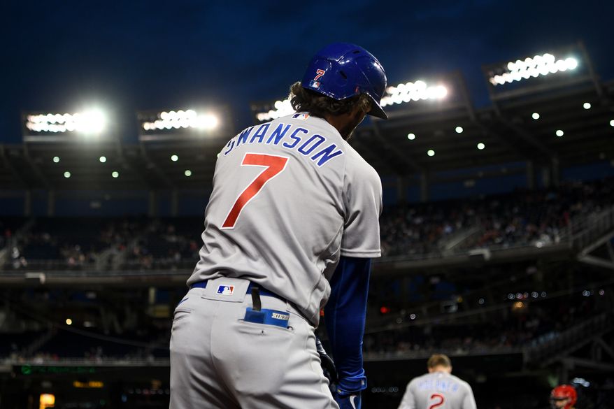 Chicago Cubs shortstop Dansby Swanson (7) in the on deck circle during an MLB game against the Washington Nationals at Nationals Park in Washington D.C., May 1, 2023. (Photo by Billy Sabatini/All-Pro Reels)