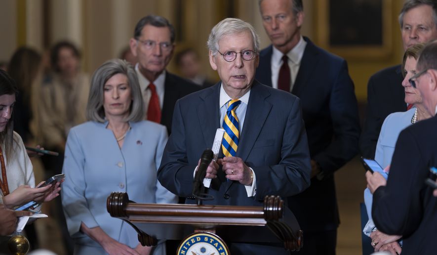 Senate Minority Leader Mitch McConnell, R-Ky., and the GOP leadership talk to reporters following a weekly closed-door strategy session, at the Capitol in Washington, Tuesday, May 2, 2023. (AP Photo/J. Scott Applewhite)