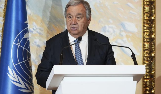 United Nations Secretary-General António Guterres gives an address after a closed-door summit on Afghanistan in Doha, Qatar, Tuesday, May 2, 2023. A closed-door summit on Afghanistan ended Tuesday in Qatar without any formal acknowledgment of the Taliban-controlled government there, though the United Nations&#x27; chief said they would hold another meeting in the future about the country. (AP Photo/Lujain Jo)