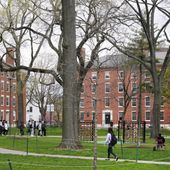 Students walk through Harvard Yard on the campus of Harvard University in Cambridge, Mass., on April 27, 2022. (AP Photo/Charles Krupa) ** FILE **