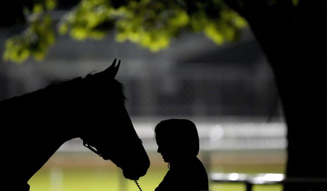 A woman holds a horse after an early-morning workout at Churchill Downs Wednesday, May 3, 2023, in Louisville, Ky. The 149th running of the Kentucky Derby is scheduled for Saturday, May 6. (AP Photo/Charlie Riedel)