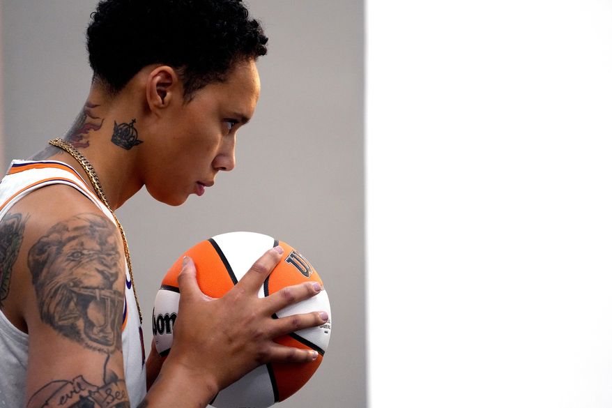 Phoenix Mercury center Brittney Griner pose for a photograph during the WNBA basketball teams' media day, Wednesday, May 3, 2023, in Phoenix. (AP Photo/Matt York)