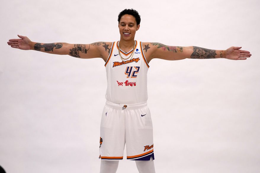 Phoenix Mercury center Brittney Griner poses for a photograph during the WNBA basketball teams' media day, Wednesday, May 3, 2023, in Phoenix. (AP Photo/Matt York)