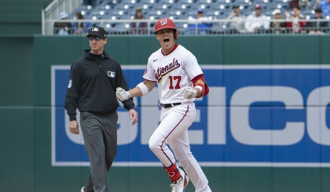 Washington Nationals&#x27; Alex Call (17) reacts as he rounds bases after hitting a walk off home run during a baseball game against the Chicago Cubs in Washington, Thursday, May 4, 2023. (AP Photo/Manuel Balce Ceneta)