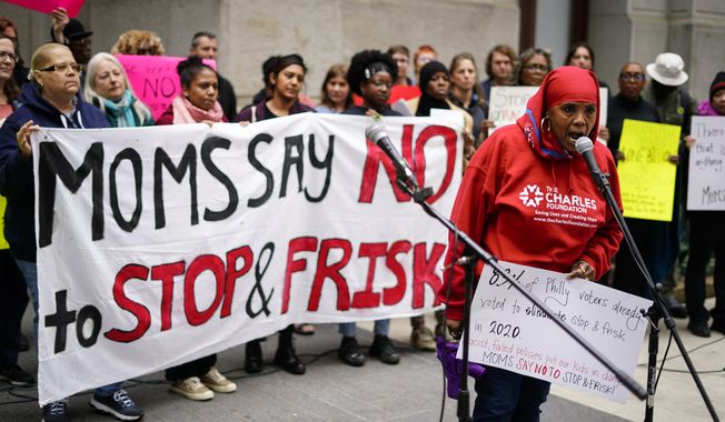 Movita Johnson-Harrell along with demonstrators with the The 100 Moms Coalition of Philadelphia and their supporters protest against stop-and-frisk, at City Hall in Philadelphia, Thursday, April 27, 2023. In Philadelphia&#x27;s first mayoral race since crime spiked during the coronavirus pandemic, the crowded Democratic field is trying to make public safety a campaign cornerstone, advocating approaches that range from mental health interventions and cleaner streets to echoes of “tough-on-crime” Republican rhetoric. (AP Photo/Matt Rourke)