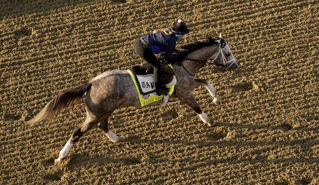 Kentucky Derby entrant Tapit Trice works out at Churchill Downs Thursday, May 4, 2023, in Louisville, Ky. The 149th running of the Kentucky Derby is scheduled for Saturday, May 6. (AP Photo/Charlie Riedel)