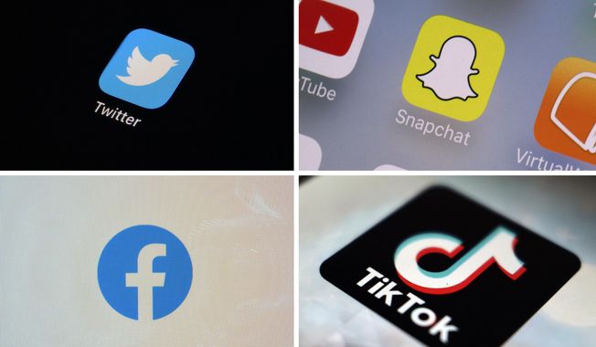 This combination of photos shows logos of Twitter, top left; Snapchat, top right; Facebook, bottom left; and TikTok. (AP Photo, File)