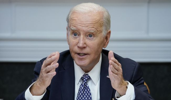 President Joe Biden speaks during a meeting with his &quot;Investing in America Cabinet,&quot; in the Roosevelt Room of the White House, Friday, May 5, 2023, in Washington. (AP Photo/Evan Vucci)