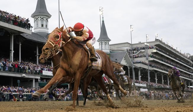 Rich Strike, with Sonny Leon aboard, crosses the finish line to win the 148th running of the Kentucky Derby horse race at Churchill Downs Saturday, May 7, 2022, in Louisville, Ky. Rich Strike&#x27;s stunning upset victory in last year&#x27;s Kentucky Derby as a nearly 81-1 long shot provided the race&#x27;s second biggest odds winner in four years. (AP Photo/Jeff Roberson, File)