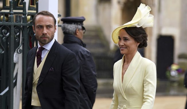 Pippa and James Middleton arrive at Westminster Abbey ahead of the coronation of King Charles III and Camilla, the Queen Consort, in London, Saturday, May 6, 2023. (Andrew Milligan/Pool via AP)