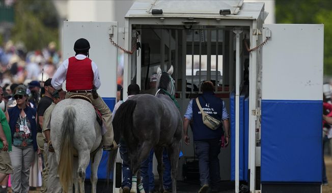 Here Mi Song is taken to the equine ambulance after the10th horse race at Churchill Downs Saturday, May 6, 2023, in Louisville, Ky. (AP Photo/Julio Cortez) **FILE**