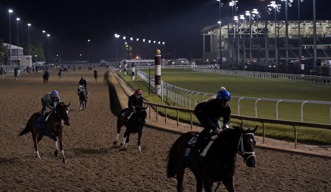Horses work out at Churchill Downs as the moon sets in the distance Friday, May 5, 2023, in Louisville, Ky. The 149th running of the Kentucky Derby is scheduled for Saturday, May 6. (AP Photo/Charlie Riedel)