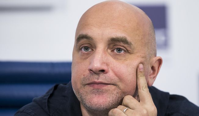 Russian writer and publicist Zakhar Prilepin attends a news conference in Moscow, Russia, Tuesday, Feb. 21, 2017. Russian state news agency Tass says the car of Prilepin exploded in Russia on Saturday, May 6, 2023, injuring him and killing his driver. (AP Photo/Alexander Zemlianichenko, File)