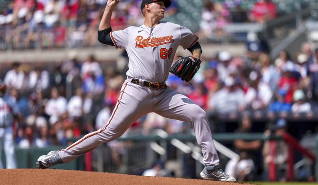 Baltimore Orioles starting pitcher Tyler Wells throws in the first inning of a baseball game against the Atlanta Braves on Sunday, May 7, 2023, in Atlanta. (AP Photo/Erik Rank)