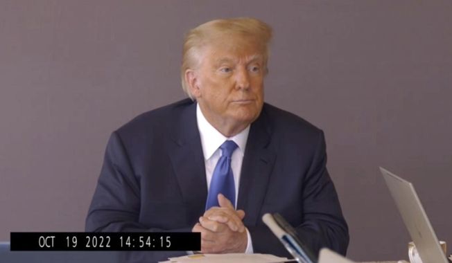 In this image taken from video released by Kaplan Hecker &amp; Fink, former President Donald pauses during his Oct. 19, 2022, deposition for his trial against writer E. Jean Carroll. The video recording of Trump being questioned about the rape allegations against him was made public for the first time Friday, May 5, 2023, providing a glimpse of the Republican&#x27;s emphatic, often colorful denials. (Kaplan Hecker &amp; Fink via AP)