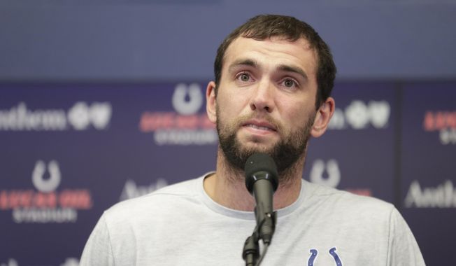Indianapolis Colts quarterback Andrew Luck speaks during a news conference following an NFL preseason football game against the Chicago Bears, Saturday, Aug. 24, 2019, in Indianapolis. The Indianapolis Colts want other NFL teams to know they consider contacting former quarterback Andrew Luck or his representatives tampering. Team owner Jim Irsay made it clear a Twitter post late Sunday night, May 7, 2023, following a weekend report from ESPN that the Washington Commanders attempted to find out in 2022 whether the four-time Pro Bowler would consider making a comeback. (AP Photo/Michael Conroy) **FILE**
