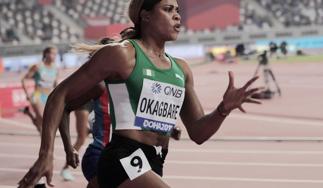 Blessing Okagbare, of Nigeria, races in a women&#x27;s 200-meter heat at the World Athletics Championships in Doha, Qatar, Sept. 30, 2019. A man charged with providing banned substances to Nigerian sprinter Blessing Okagbare and another athlete pleaded guilty Monday, May 8, 2023, marking the first conviction under a landmark law designed to target wide-ranging doping schemes across the globe. (AP Photo/Nariman El-Mofty, file)