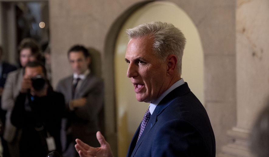 House Majority Leader Kevin McCarthy of Calif., speaks to reporters outside his office at the Capitol Building in Washington, Tuesday, May 9, 2023, after meeting about the debt limit with President Joe Biden at the White House. (AP Photo/Andrew Harnik)