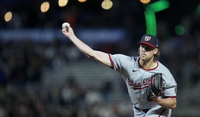 Washington Nationals&#x27; Jake Irvin pitches against the San Francisco Giants during the seventh inning of a baseball game in San Francisco, Monday, May 8, 2023. (AP Photo/Godofredo A. Vásquez)