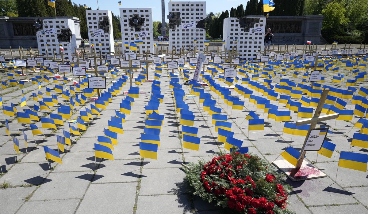 NextImg:Ukraine flags block Russian ambassador’s path on Victory Day