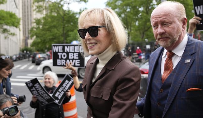 E. Jean Carroll arrives at Manhattan federal court, Tuesday, May 9, 2023, in New York.  A jury in New York City is set to begin deliberations in a civil trial over Carroll’s claims that Donald Trump raped her in a luxury Manhattan department store.(AP Photo/John Minchillo)