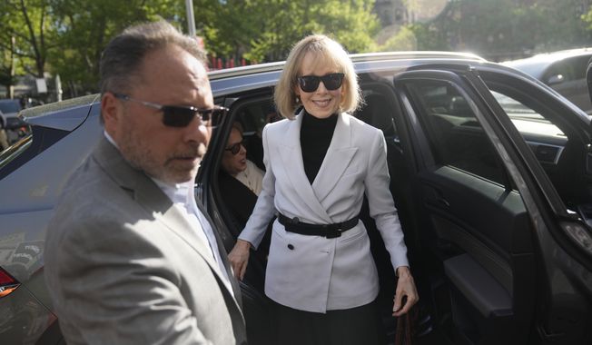 E. Jean Carroll arrives to federal court in New York, Monday, May 8, 2023. Former President Donald Trump has rejected his last chance to testify at a civil trial where the longtime advice columnist has accused him of raping her in a luxury department store dressing room in 1996. (AP Photo/Seth Wenig)