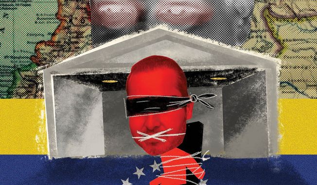 Illustration on the kidnapping of U.S. nationals by the Maduro regime of Venezuela by Linas Garsys/The Washington Times