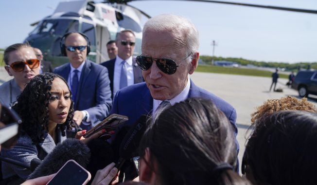 President Joe Biden talks with reporters at the Westchester County Airport in White Plains, N.Y., Wednesday, May 10, 2023. (AP Photo/Evan Vucci) **FILE**