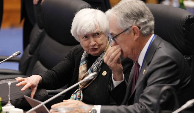 U.S. Treasury Secretary Janet Yellen, left, talks with Federal Reserve Chairman Jerome Powell before the start of the G-7 Finance Ministers and Central Bank Governors&#x27; Meeting at the Toki Messe convention center in Niigata, Japan, Thursday, May 11, 2023. (Kimimasa Mayama/Pool Photo via AP)